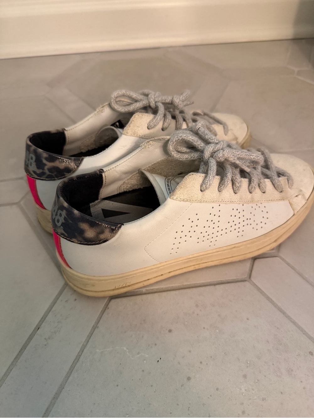 P448 Women’s White Leather Sneakers with Pink Heel Tab and Leopard Accent